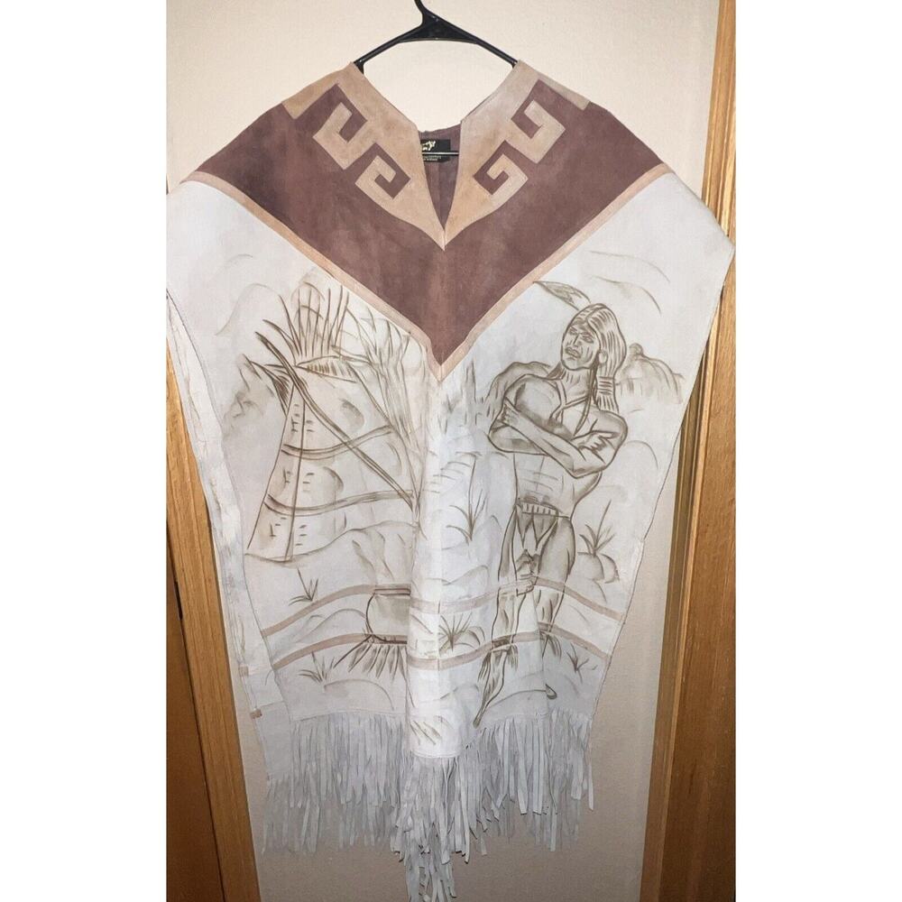 Vintage Armandos Genuine Leather Suede Fringed Poncho Native American Design OS